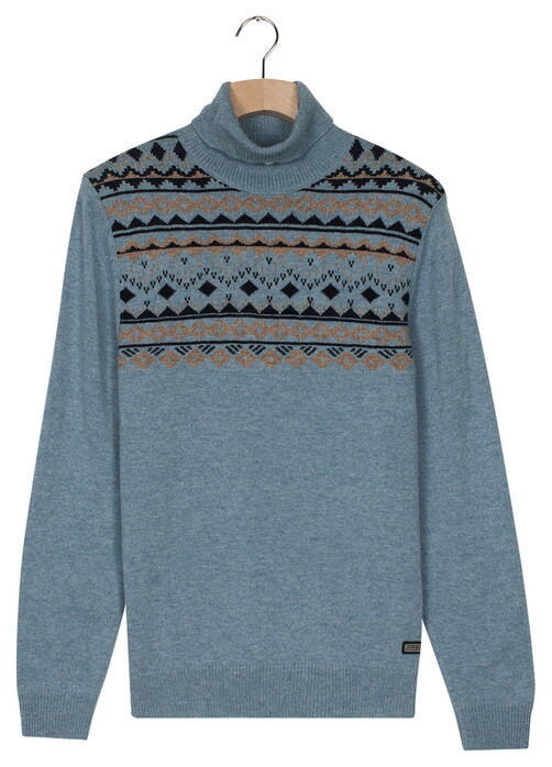 Baileys High Neck Pullover Front Top Nordic Knit Jacquard Trui Faded Denim Blue