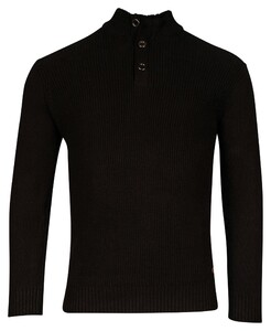 Baileys Uni Color Half Zip Buttons Front Fisherman Rib Tight Knit Trui Zwart