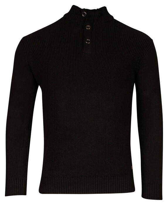Baileys Uni Color Half Zip Buttons Front Fisherman Rib Tight Knit Trui Zwart
