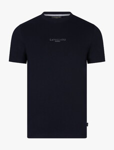 Cavallaro Napoli Bari Uni Color Cotton Stretch Crew Neck Fine Tone-on-Tone Logo T-Shirt Dark Evening Blue