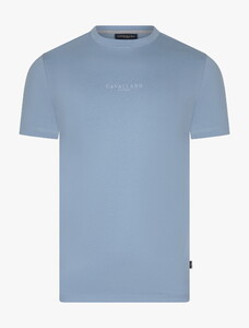 Cavallaro Napoli Bari Uni Color Cotton Stretch Crew Neck Fine Tone-on-Tone Logo T-Shirt Light Blue