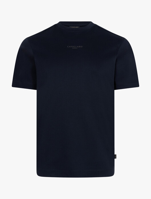 Cavallaro Napoli Luvati Mercerized Cotton Fine Tone-on-Tone Chest Logo T-Shirt Donker Blauw