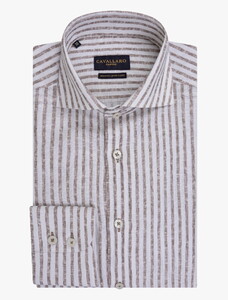 Cavallaro Napoli Tarente Linnen Blend Stripe Overhemd Bruin-Wit