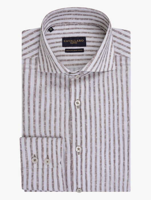 Cavallaro Napoli Tarente Linnen Blend Stripe Overhemd Bruin-Wit