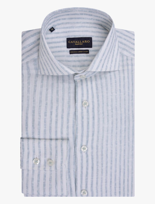 Cavallaro Napoli Tarente Linnen Blend Stripe Overhemd Lichtblauw-Wit
