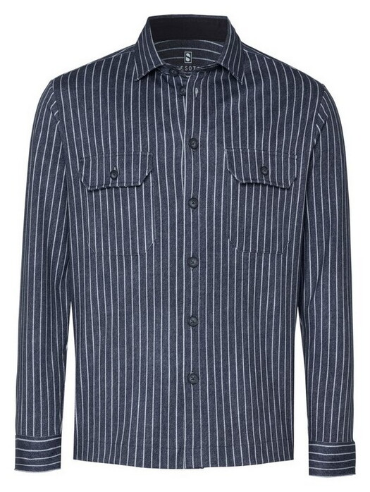 Desoto Casual Denim Stripe Kent Collar Overshirt Navy