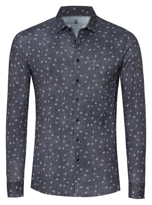 Desoto Casual Kent Denim Look Mini Leaves Overhemd Donker Grijs