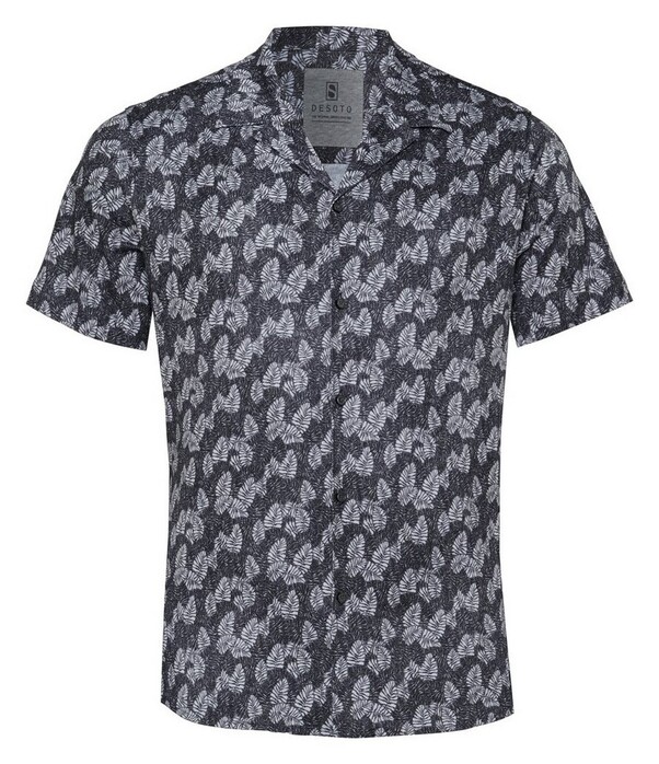 Desoto Denim Look Leaves Pattern Short Sleeve Overhemd Donker Grijs
