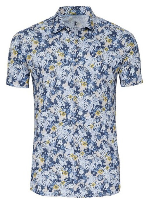 Desoto Fantasy Floral Pattern Short Sleeve Overhemd Blauw-Geel