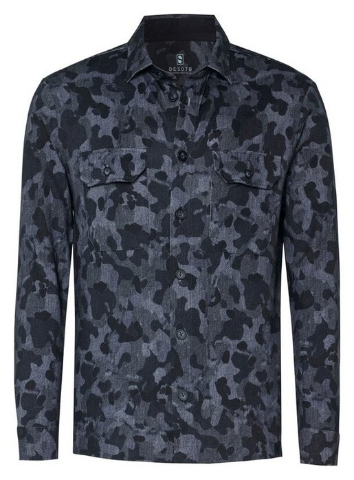 Desoto Kent Collar Camouflage Denim Look Overshirt Donkergrijs-Navy