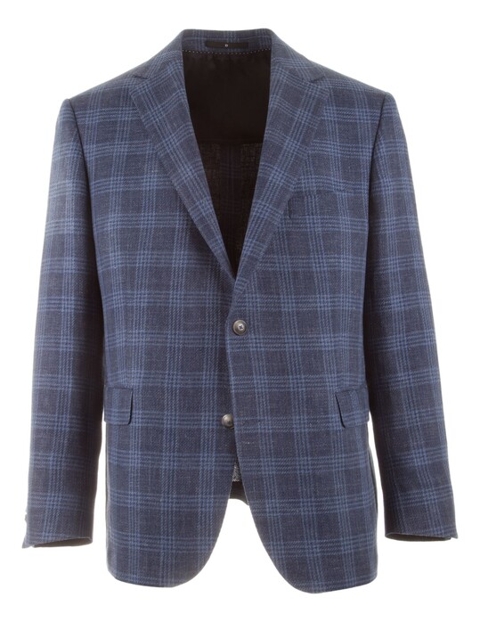 EDUARD DRESSLER Sean Half Lined Cotton-Linen Blend Check Colbert Blauw