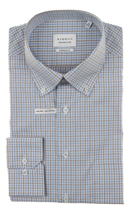 Eterna Fine Check Overhemd Blauw-Zand