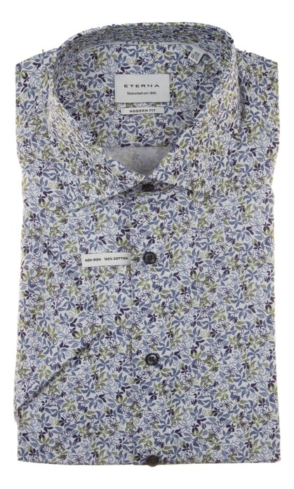 Eterna Fine Twill Flower Design Overhemd Blauw-Groen