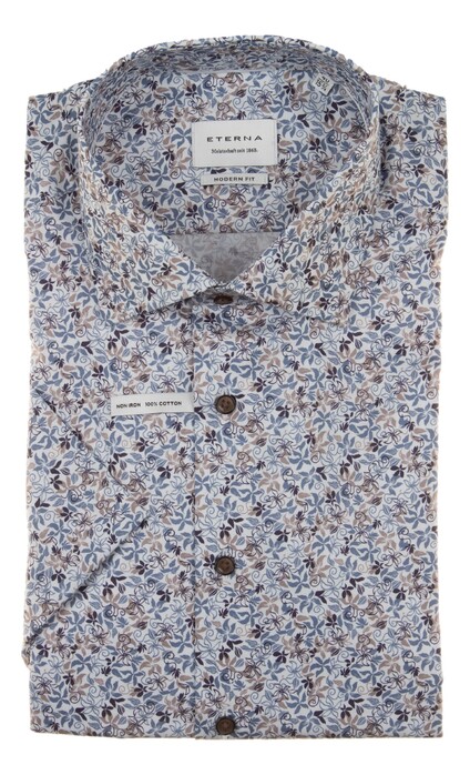 Eterna Fine Twill Flower Design Overhemd Blauw-Zand