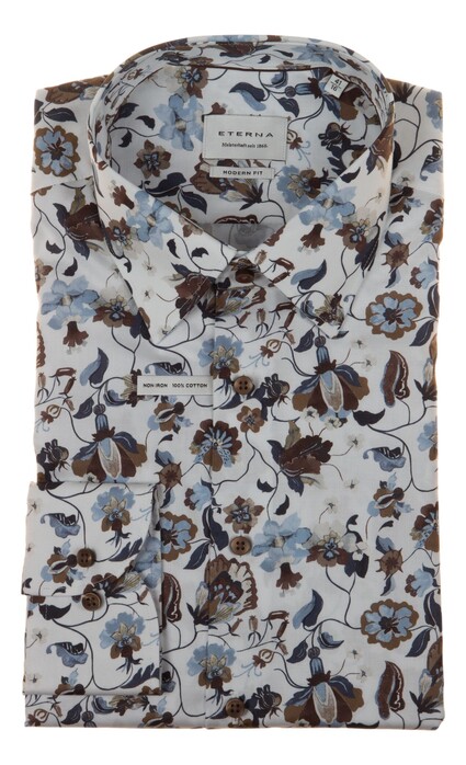 Eterna Milano Floral Shirt Overhemd Blauw-Bruin