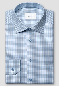 Eton Allover Gingham Check Soft Cotton Tencel Overhemd Licht Blauw