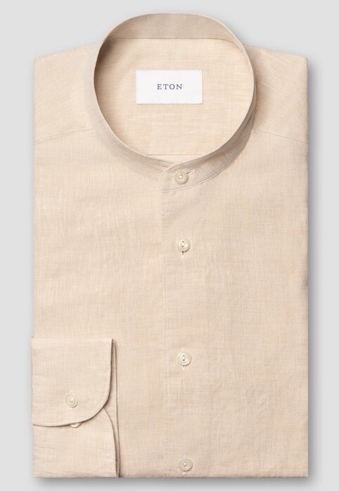 Eton Band Collar Luxury Subtle Texture Garment Washed Linnen Overhemd Beige