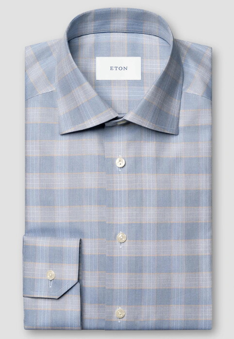 Eton Check Cotton Twill Overhemd Blauw