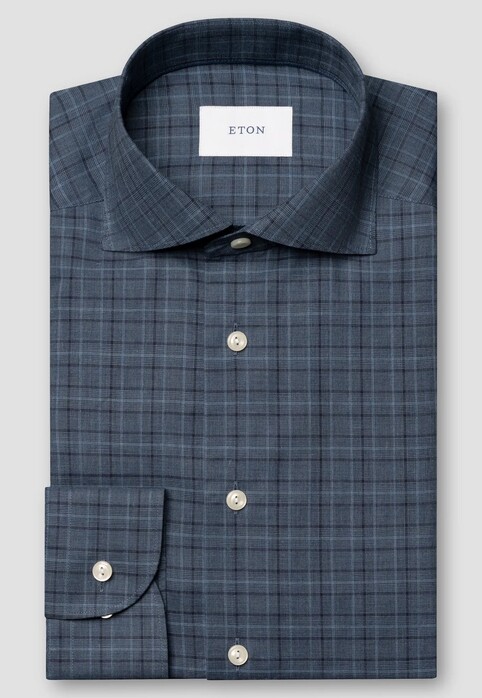 Eton Classic Multi Cheeck Brushed Cotton Flanel Overhemd Donker Blauw