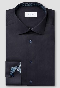 Eton Diagonal Texture Signature Twill Subtle Floral Contrast Details Overhemd Dark Navy