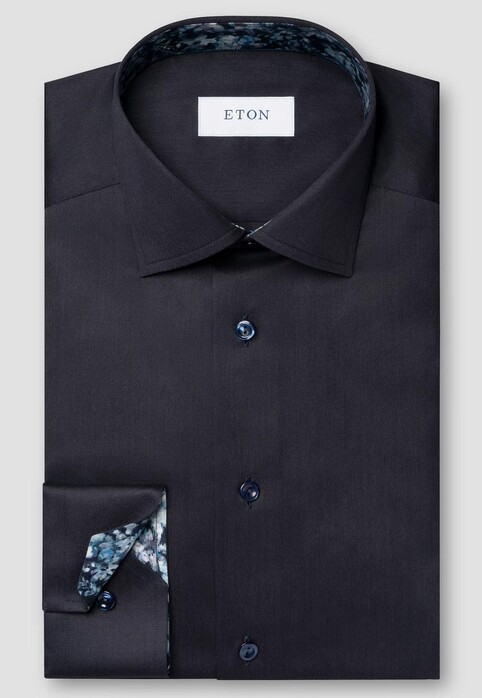 Eton Diagonal Texture Signature Twill Subtle Floral Contrast Details Overhemd Dark Navy