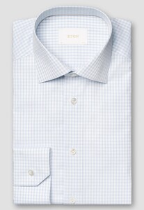 Eton Duo Stripe Check Pattern Luxury Organic Supima 120 Piqué Overhemd Licht Blauw