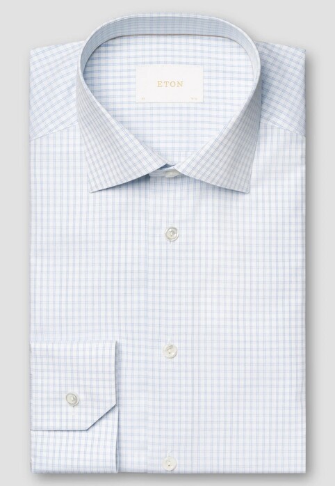 Eton Duo Stripe Check Pattern Luxury Organic Supima 120 Piqué Overhemd Licht Blauw