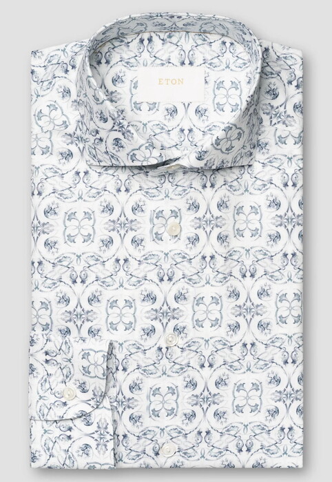 Eton Fantasy Floral Pattern Cotton Linnen Overhemd Blauw