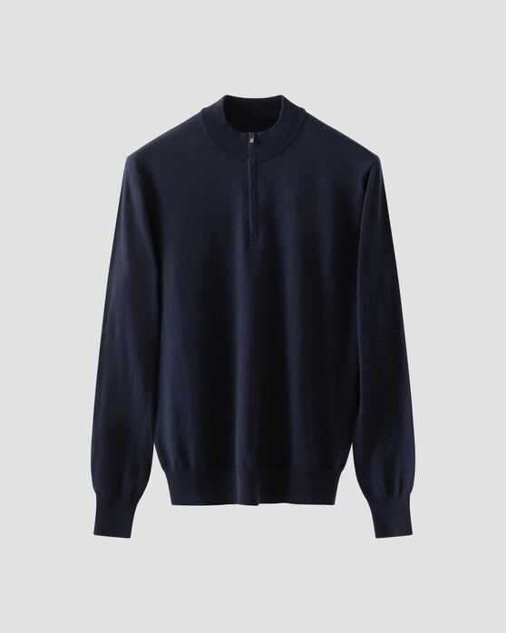 Eton Fine Knit Cotton Cashmere Soft Touch Quarter Zip Trui Navy