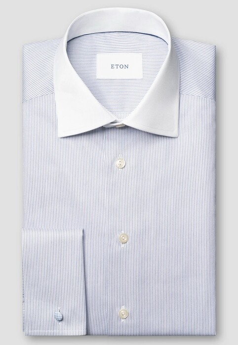 Eton Fine Striped White Contrast Collar Signature Twill French Cuff Overhemd Blauw