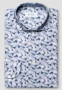 Eton Four-Way Stretch Leaves Pattern Overhemd Blauw