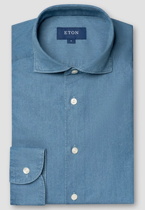 Eton Garment Washed Lightweight Denim Twill Overhemd Blauw