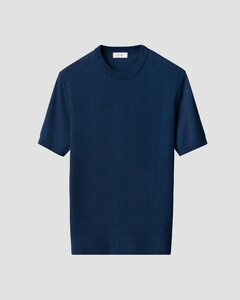Eton Herringbone Knit Crew Neck Lightweight Organic Cotton T-Shirt Dark Evening Blue