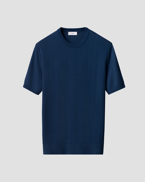 Eton Herringbone Knit Crew Neck Lightweight Organic Cotton T-Shirt Donker Blauw