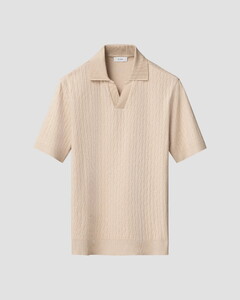 Eton Jacquard Knit No Button Collar Organic Cotton Polo Beige