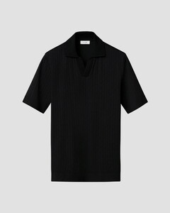 Eton Jacquard Knit No Button Collar Organic Cotton Polo Zwart