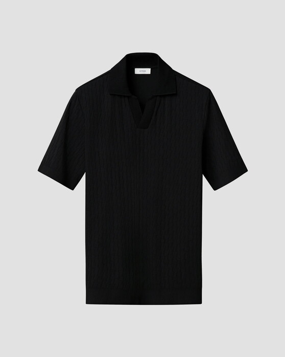 Eton Jacquard Knit No Button Collar Organic Cotton Polo Zwart