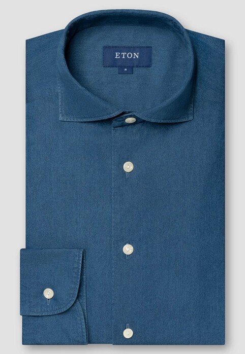 Eton Lightweight Italian Woven Denim Garment Washed Overhemd Donker Blauw