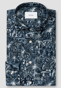 Eton Linen Rich Fantasy Pattern Shirt Navy