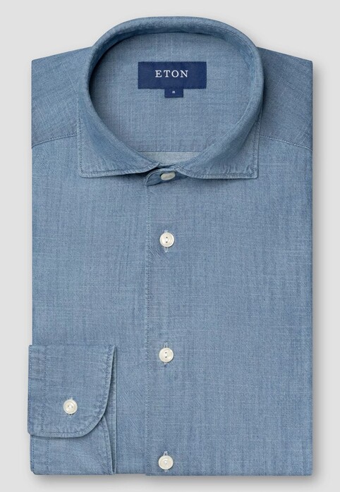 Eton Mélange Effect Texture Denim Twill Overhemd Licht Blauw