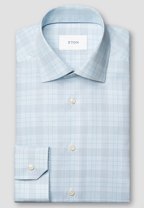 Eton Multi Check Organic Cotton Twill Overhemd Licht Blauw