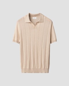 Eton Open Collar Luxury Fine Silk Cotton Dropped Needle Stitch Polo Beige