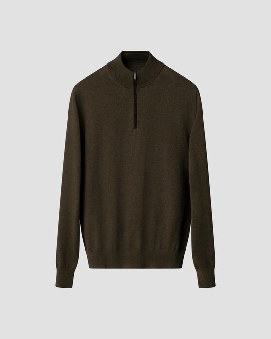 Eton Plain Knit Luxury Extrafine Merino Zip Collar Trui Donker Groen