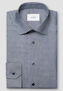 Eton Refined Gingham Check Smooth Cotton Lyocell Overhemd Donker Blauw