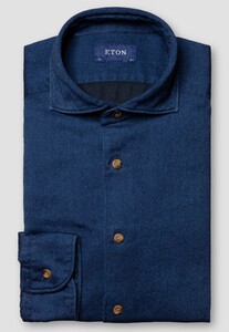 Eton Satin Indigo Cotton Contrast Buttons Garment Washed Overhemd Donker Blauw