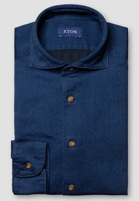 Eton Satin Indigo Cotton Contrast Buttons Garment Washed Overhemd Donker Blauw