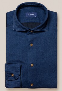 Eton Satin Indigo Uni Garment Washed Overhemd Donker Blauw