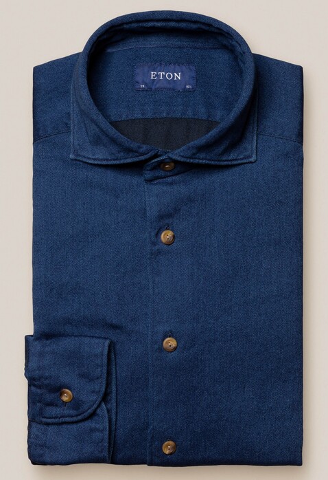 Eton Satin Indigo Uni Garment Washed Overhemd Donker Blauw