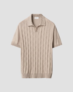 Eton Silk Cotton Open Collar Fine Knit Pattern Polo Beige