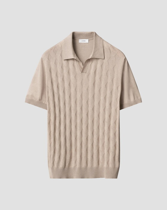 Eton Silk Cotton Open Collar Fine Knit Pattern Polo Beige